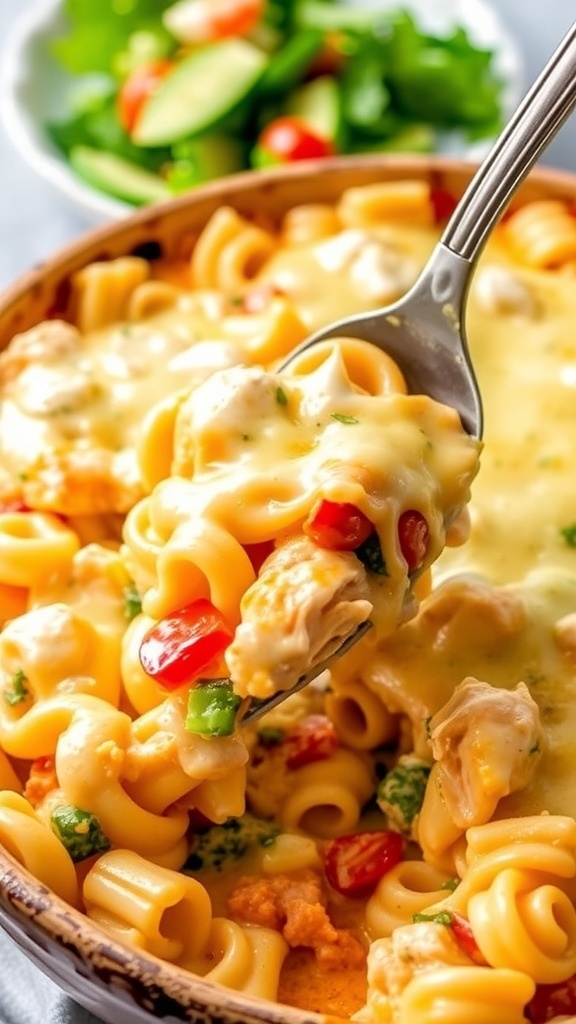 Cheesy rotisserie chicken casserole with pasta and vegetables in a baking dish.